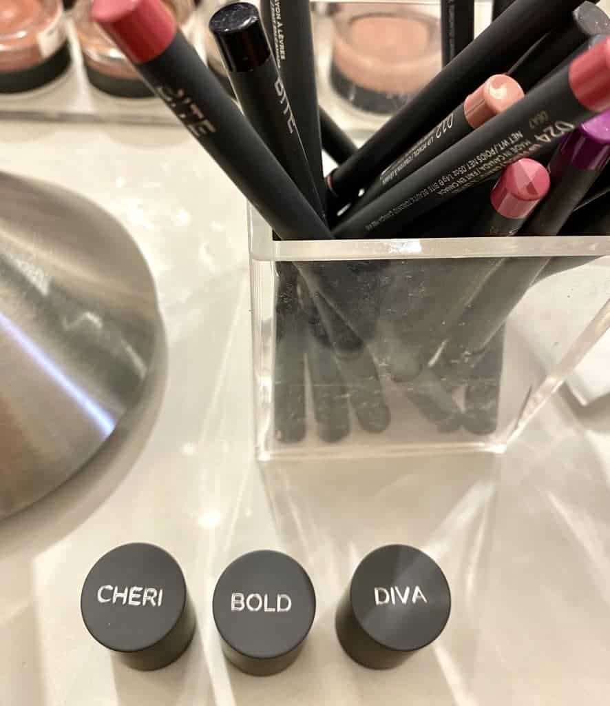 three custom lip lab lipsticks on a counter at the Lip Lab in Los Angeles