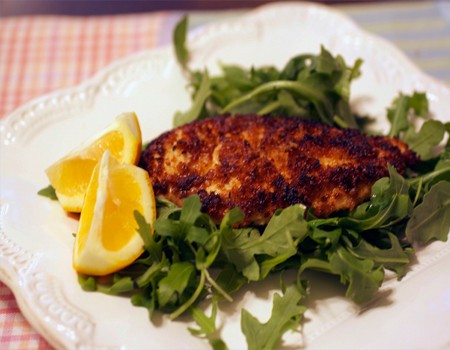 lemon panko chicken on arugula