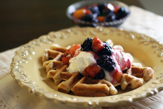 cinnamon sugar waffles with warm peach compote