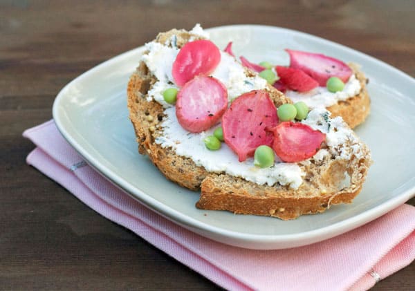 roasted radish and spring pea bruschetta