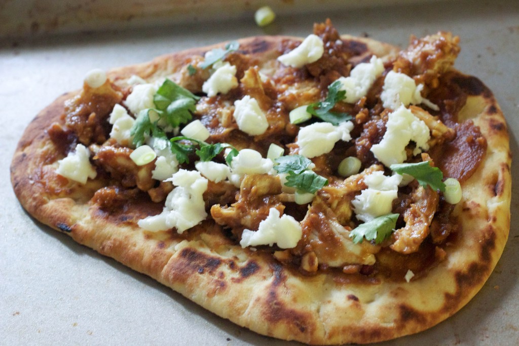 naan thai chicken pizza topped