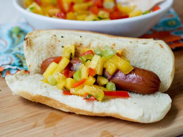 hot dog with peach pepper relish