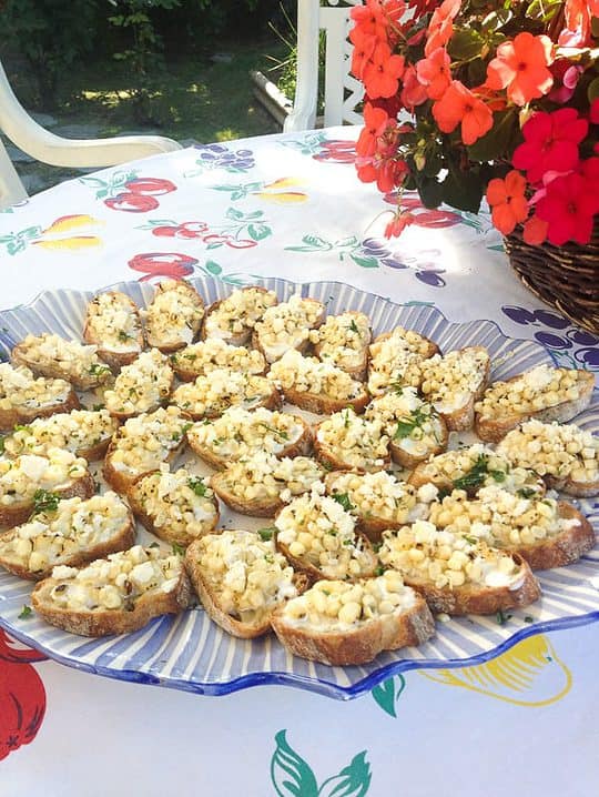 Platter of mexican corn bruschetta