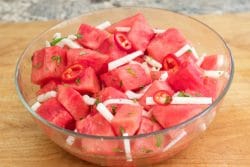 bowl of watermelon jalapeno feta salad