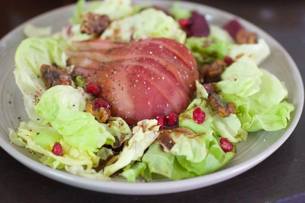 Butter Lettuce and poached pear salad