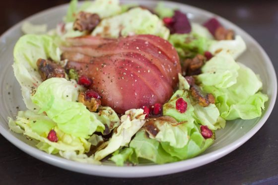 plate of Butter Lettuce and poached pear salad