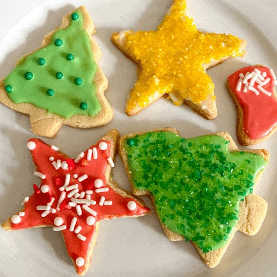 plate of colorful glutem free dairy free christmas cookies