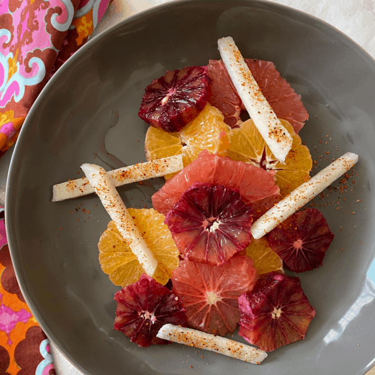 grey plate with Blood Orange and Jicama Salad