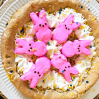 white plate with Peeps Funfetti Cookie Pie