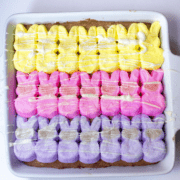 Pan of yellow, pink and purple peeps s'mores blondies