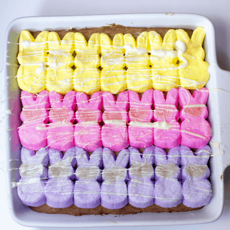 Pan of yellow, pink and purple peeps s'mores blondies